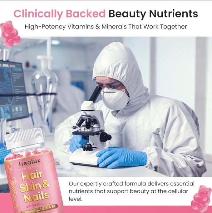 Hair Skin and Nails Gummies, 5000 mcg Biotin with Vitamins A, C, D2 & E, B-Complex, Zinc & Iodine, Hair Skin and Nails Vitamins for Women & Men, Supports Hair Growth, Nails, Glowing Skin - 60 Gummies