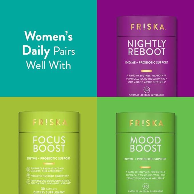 Friska Women’s Daily Gut Support - Pre/Post Meal, Digestive Enzymes, Probiotic DE111 for Bloating & Digestive Balance, Vitamin D, Cranberry & Biotin for Hair, Nail & Urinary Health, 90 Capsules