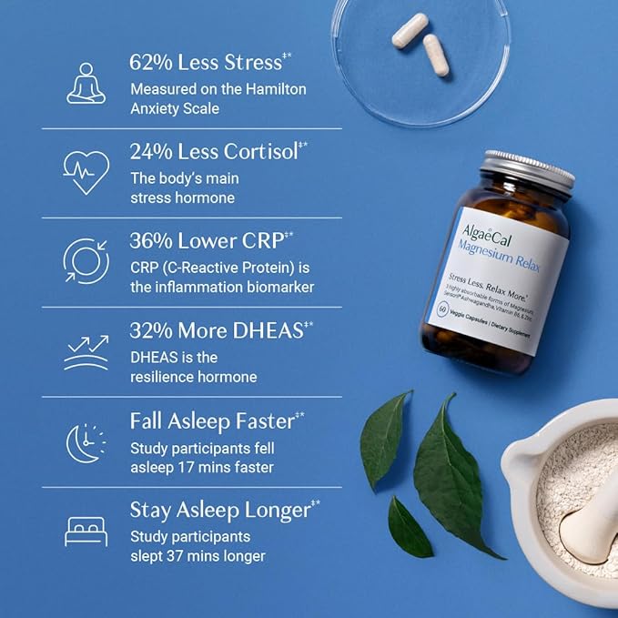 AlgaeCal Magnesium Relax™ - Chelated Magnesium with Ashwagandha for Sleep & Occasional Anxiety - Glycinate, Malate, Citrate - Sleep, Mood, & Cortisol Support (120 Caps - 2 Months Supply)
