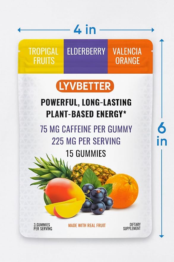 Energy Gummies - Lyvbetter - in 3 Different Flavors - 75mg Caffeine per Gummy, 3 Gummies per Serving - 15 Gummies Total