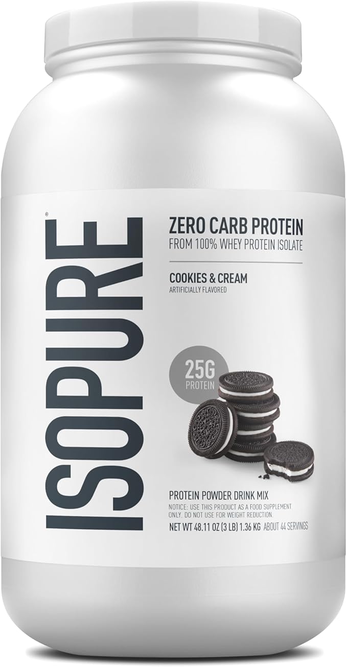 Isopure Zero Carb 100% Pure Whey Isolate Protein Powder, Gluten Free, With Vitamins, Cookies & Cream, 25g Protein Per Serving, 3 Pounds, 44 Servings (Packaging May Vary)