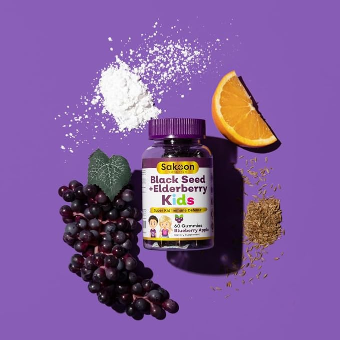Sakoon nutrition Elderberry & Black Seed Oil Gummies for Kids, Immune Support, with Vitamin C and Zinc, Delicious Berry Flavor, 60 Gummies