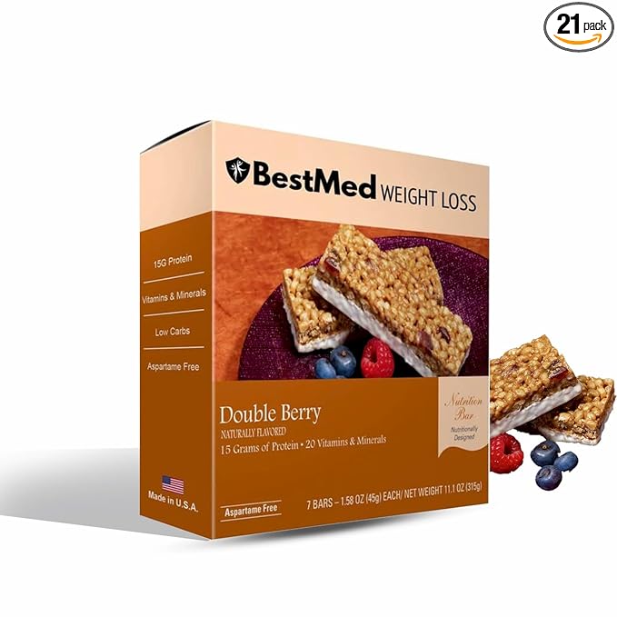 BestMed - High Protein Nutrition Bar - Low-Carb, 15g Protein, Low Sugar, High Fiber, Low Calorie, Meal Replacement Bar (Double Berry, 3 Box - 21 Count)
