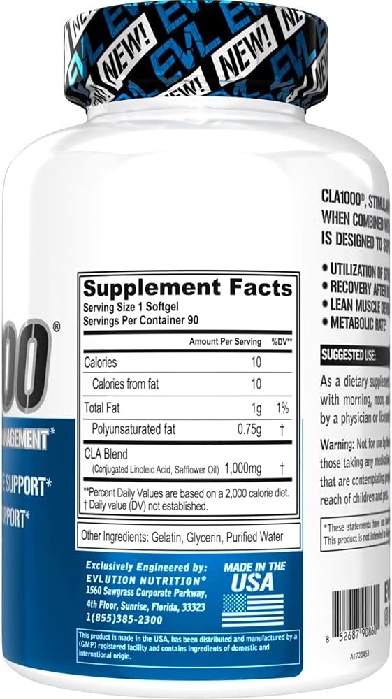 Evlution Conjugated Linoleic Acid CLA Supplement Nutrition Lean Muscle Mass Builder & Fat Burner for Men and Women - Stimulant-Free Safflower Based CLA 1000mg Blend Per Serving (90 Servings)