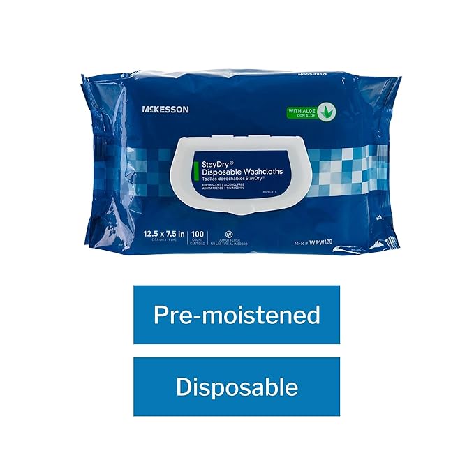 McKesson Staydry Disposable Washcloths with Aloe, Pre-moistened, 8 X 12", Soft Pack