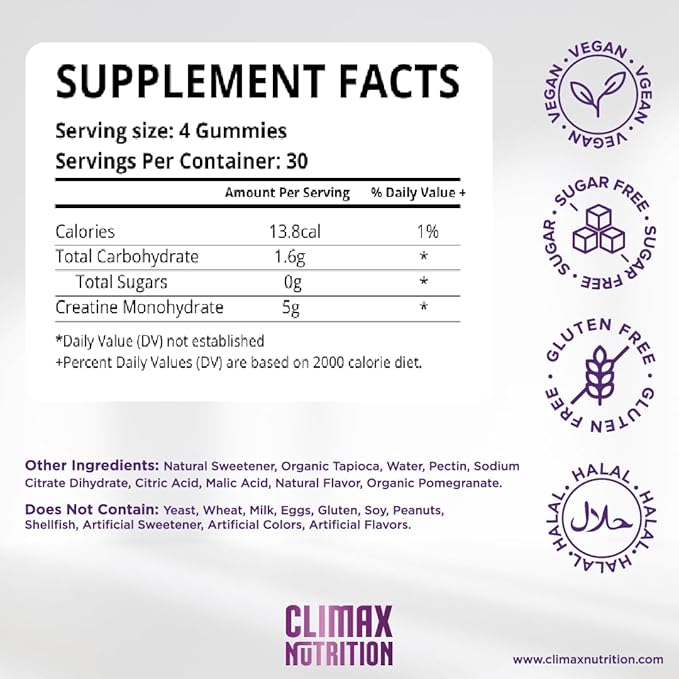 Creatine Monohydrate Gummies - Vegan, Sugar-Free, Gluten-Free - Boosts Muscle Recovery, Strength & Lean Muscle Growth - Brain Health Support - For Men & Women - Blueberry Flavor - 120 gummies