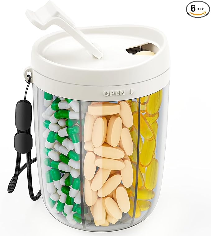 PULIV Large Supplement Organizer Bottle, Holds Plenty of 6 Various Vitamins in 1 Pill Dispenser with Anti-Mixing & Wide Openings Design, Easy to Retrieve Meds, Includes 20 Pcs Stick-on Labels White