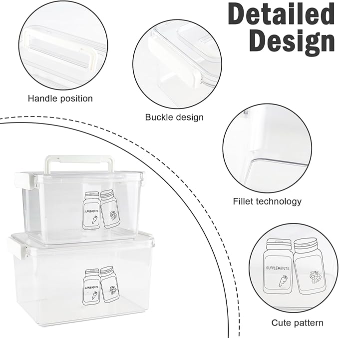 3 Pack Supplement Bottle Organizer with Travel Pill Organizer, Clear Plastic Vitamin Pill Bottle Organizer with Lid & Handle, Stackable First Aid Box Empty for Medicine, Fish Oil, Supplements