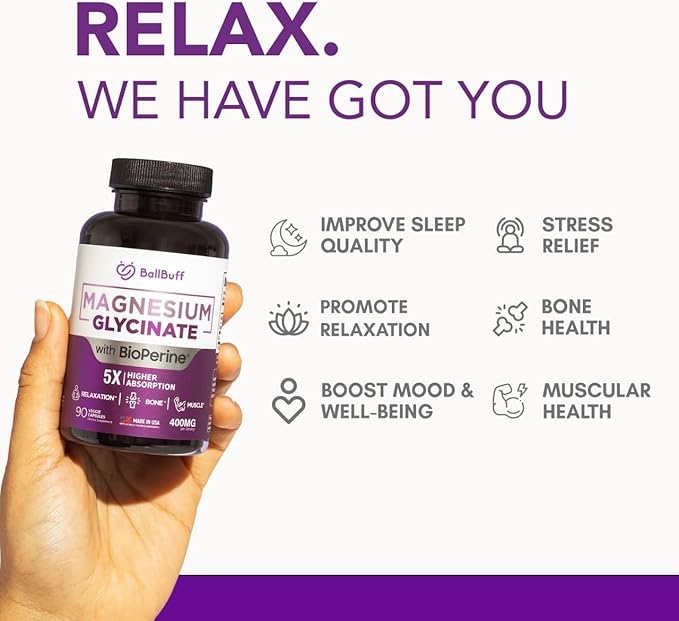 Pure Magnesium Glycinate 400mg - 5X Higher Absorption - Support Stress Relief, Sleep, Bone Health - 100% Chelated - Pure Magnesium Supplement for Women and Men- 90 Veggie Capsules