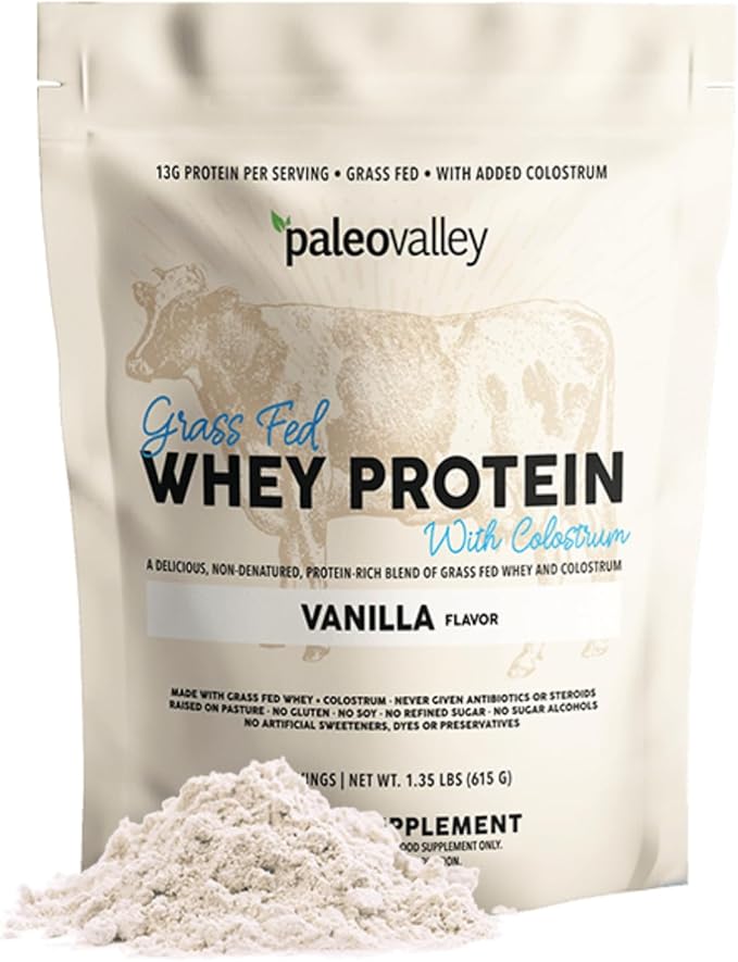 Paleovalley 100% Grassfed Whey Protein Powder with Colostrum, 30 Serving - Vanilla, 13g Protein, Muscle Building, Immune Support, Gut Health