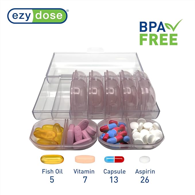 EZY DOSE Weekly (7-Day) Daily Individual AM/PM Pill Organizer with Case, Portable Medication Dispenser, Travel-Friendly Durable Pill Container, 2X Day Compartments for Vitamins and Supplements, Pink