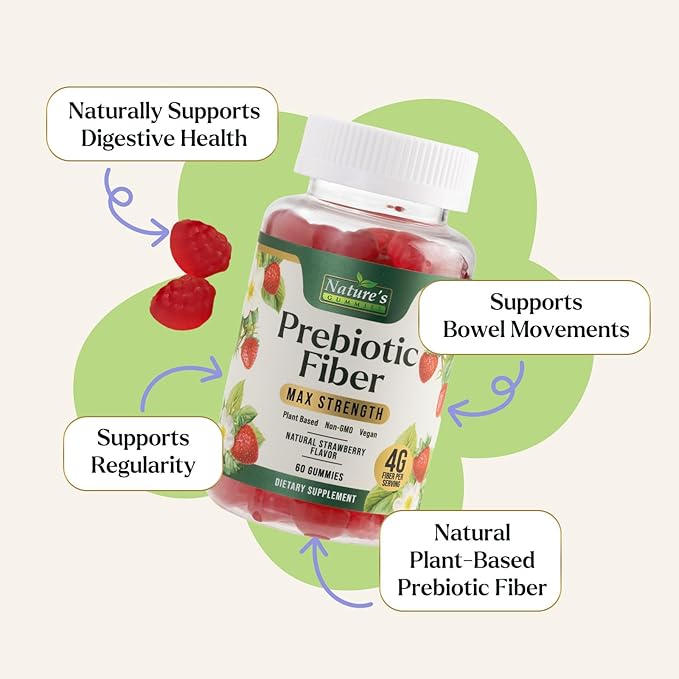 Prebiotic Fiber Gummies - 4g Dietary Fiber Per Serving - Extra Strength Daily Supplement for Adults - Tasty Strawberry Flavor - Plant Based Digestive and Regularity Support - 60 Gummies