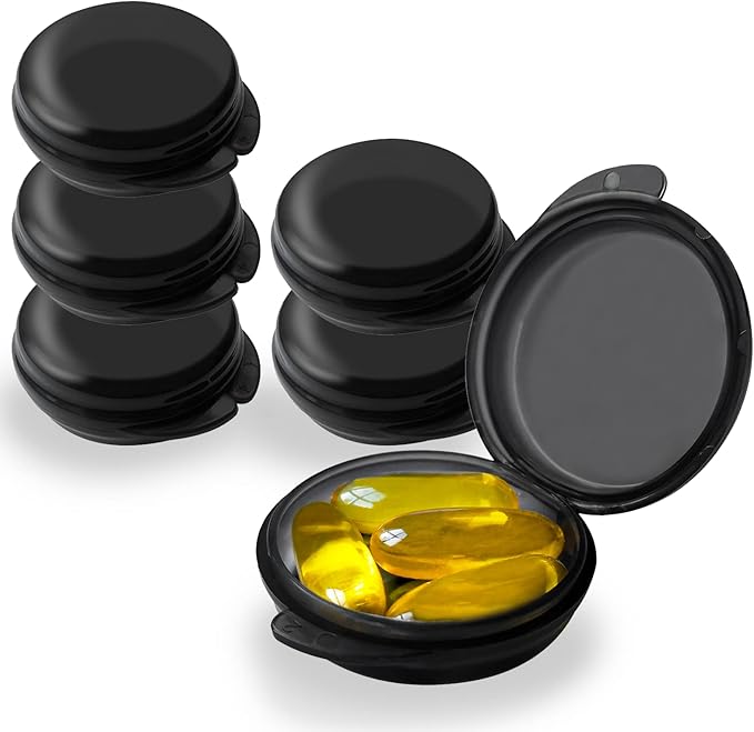 Pill Organizer for Pocket, Mini Pill Box for Pocket Purse, Portable Travel Pill Container, Small Secure Storage for Supplements & Daily Care (Black 6 PCS)