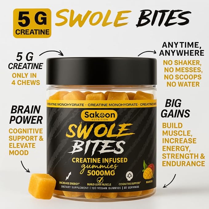 Creatine Gummies 5000mg – Vegan - Muscle Builder – Strength & Energy Support – 120 Count – Mango Flavor – Creatine Monohydrate Supplement for Men & Women