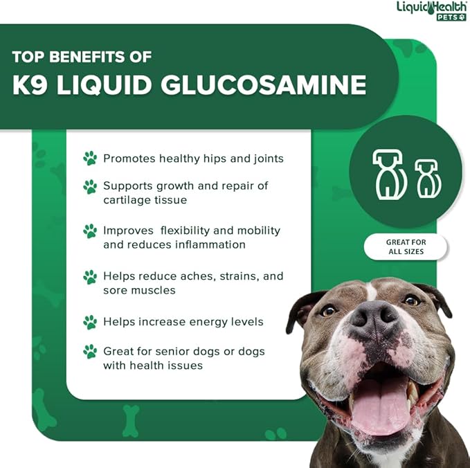 LIQUIDHEALTH Pets K9 Liquid Glucosamine for Dogs, Puppies, Senior Canines with Chondroitin, MSM, Hyaluronic Acid - Dog Vitamins for Hip Joint Health, Dog Joint Oil, Joint Juice - Made in USA (2 Pack)