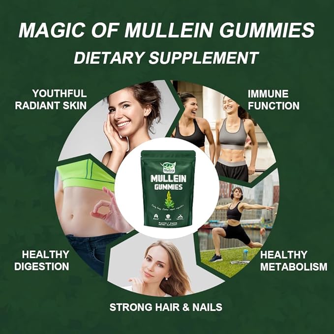 Mullein Gummies for Lung Detox 1000mg Mullein Leaf Herb Extract for Respiratory & Digestive & Immune Support, Vegan, Pear Flavor 60/120 (1)