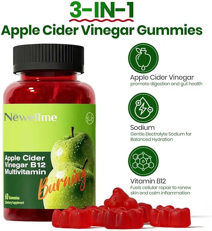 NEWELLME Sugar-Free Apple Cider Vinegar Gummies B12 Multivitamin,ACV Supplement Gummy Vitamins,Vegetarian Supplement for Women & Men,Non GMO,Support Normal Energy Levels & Gut Health 120 Gummies