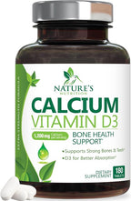 Calcium Supplement with Vitamin D3-1200 mg Calcium per Serving with D3 for Best Absorption - Supports Immune Health, Bones & Teeth - Nature's Calcium is Bottled in USA for Women & Men - 180 Tablets