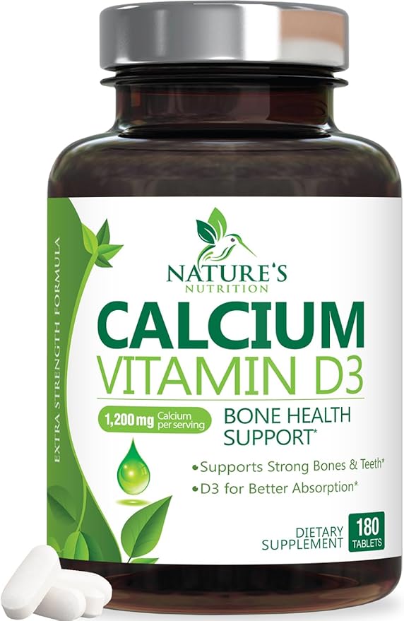 Calcium Supplement with Vitamin D3-1200 mg Calcium per Serving with D3 for Best Absorption - Supports Immune Health, Bones & Teeth - Nature's Calcium is Bottled in USA for Women & Men - 180 Tablets