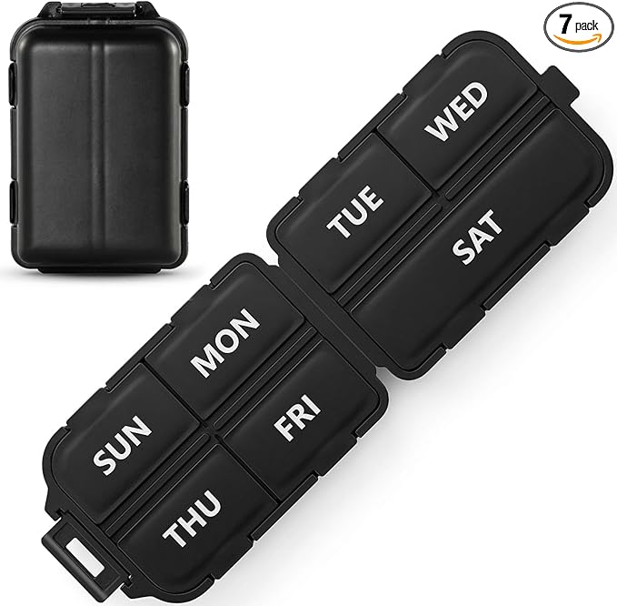 7 Day Compact Pill Organizer, Foldable Portable Travel Pill Box with Double Protection, Daily Small Pill Case Dispenser for Medication, Vitamins, Supplements (Black)