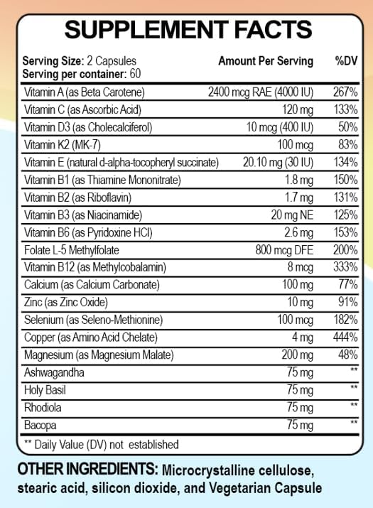 Raise Them Well Mom Multi+ Daily Multivitamin for Women with Active Folate, Adaptogens & Bacopa, Energy, Stress & Cognitive Support, 120 Veggie Capsules
