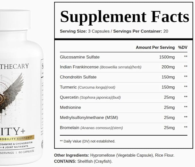 Agility+ Glucosamine Chondroitin Supplement - 1500mg Glucosamine, Boswellia, Turmeric, MSM - Joint Support for Men & Women - Non-GMO Gluten Free - 60 Capsules
