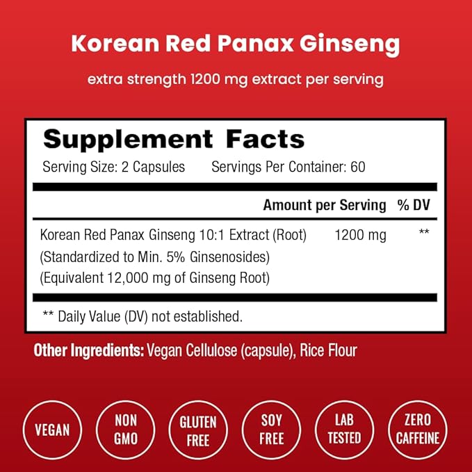 NutraChamps Korean Red Panax Ginseng Capsules | Extra Strength Ginsenosides for Energy, Focus, Performance, Vitality & Immune Support | Korean Ginseng Root Extract (120, Red)