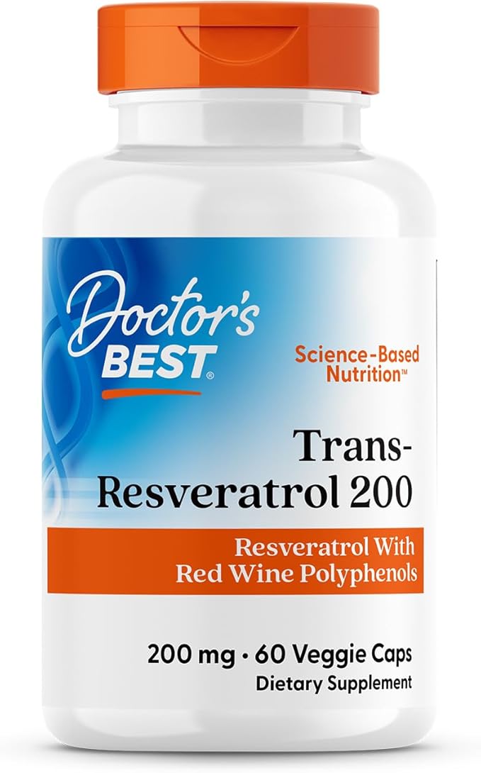 Doctor's Best Trans Resveratrol 200 mg Supplement for Men & Women - Red Wine Polyphenols for Health & Antioxidant Support, Resveratrol Complex from Japanese Knotweed, Vegan, Non GMO - 60 Veg Caps