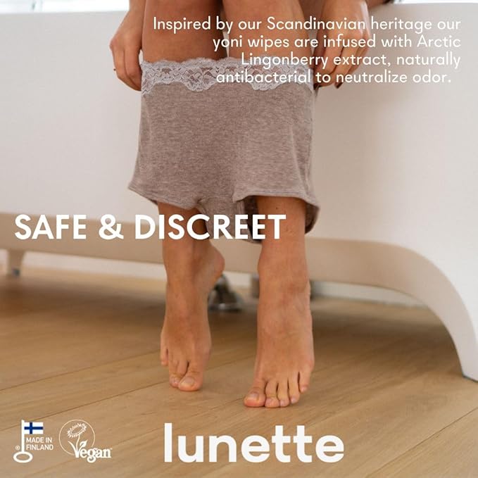 Lunette Yoni Wipes – Best Feminine Wipes for Intimate care - pH-balanced & Gentle - Vegan & Compostable - Travel-friendly for on-the-go & Public bathrooms, Made in Finland, 20 Pack