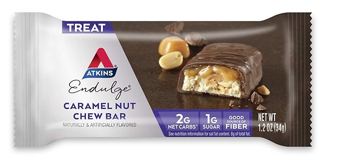 Atkins Endulge Caramel Nut Chew Bar, Dessert Favorite, 1g Sugar, Good Source of Fiber, 5 Count