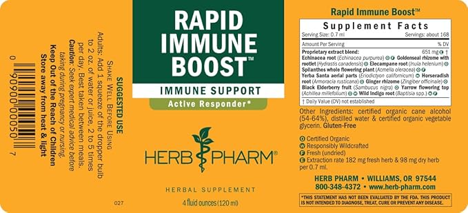 Herb Pharm Organic Rapid Immune Boost: Fast-Absorbing Tincture for Adults, Echinacea Tincture with Goldenseal, Ginger Extract & Elderberry, Immune Support Supplement & Wellness Aid, 4 Oz