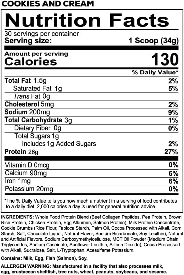 REDCON1 MRE LITE Whole Food Protein Powder, Cookies & Cream - Lactose Free Meal Replacement with Animal Protein Blends - Easy to Digest Formula - Only 3g Carb per Serving (30 Servings)
