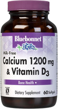 Bluebonnet Nutrition Milk-Free Calcium 1,200 mg Plus Vitamin D3 400 IU - High Potency, Maximum Absorption Strong Healthy Bones & Immune Health Support Supplement, Gluten-Free, Dairy-Free, 60 Softgels