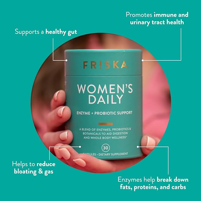 Friska Women’s Daily Gut Support - Pre/Post Meal, Digestive Enzymes, Probiotic DE111 for Bloating & Digestive Balance, Vitamin D, Cranberry & Biotin for Hair, Nail & Urinary Health, 90 Capsules