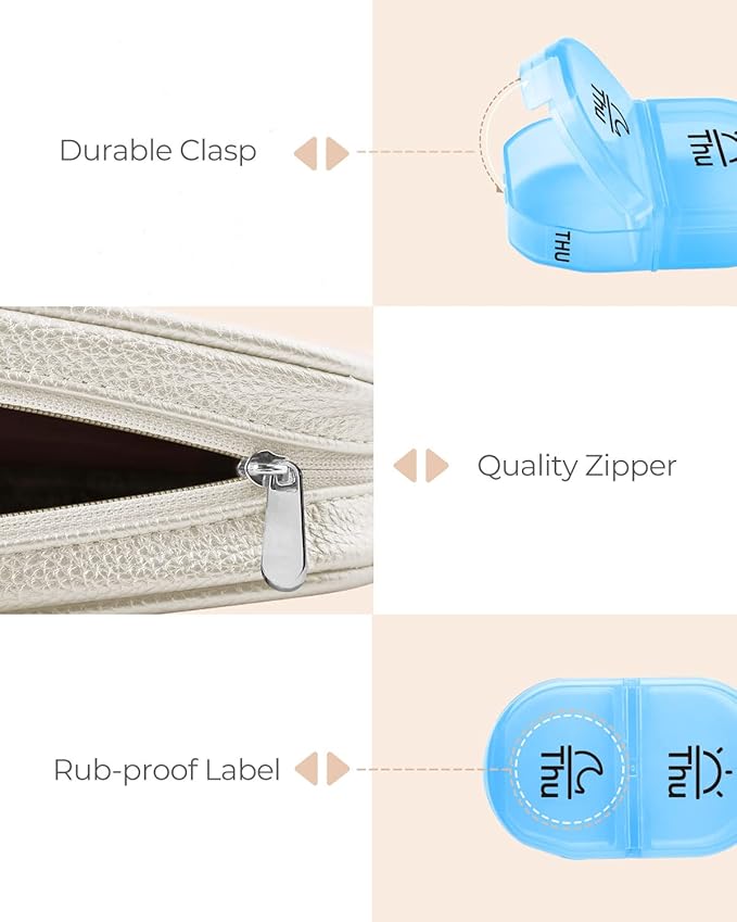 AMOOS Cute Pill Organizer 2 Times a Day, PU Leather Pill Case for Women, Portable Weekly Pill Box for Purse with Storage Bag to Hold Vitamins, Medications, Fish Oils, Supplements (Beige)