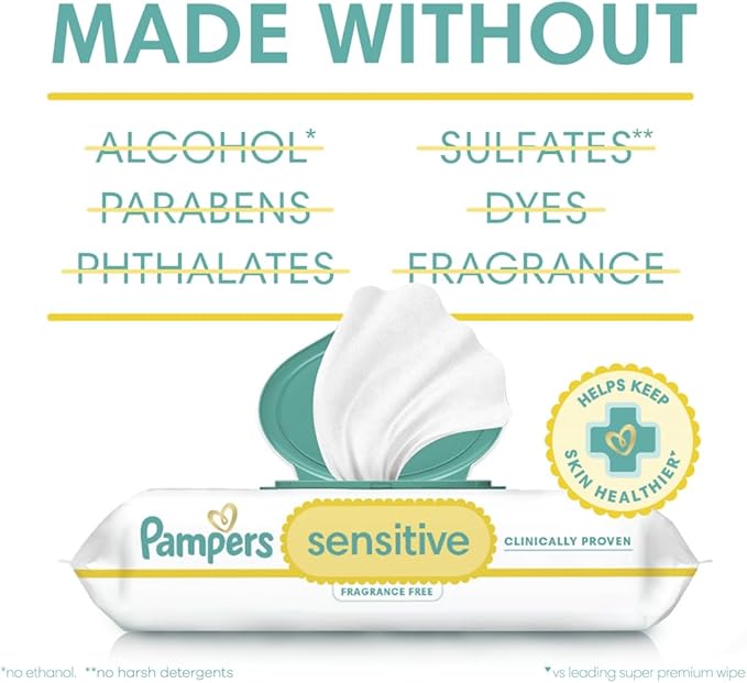 Pampers Sensitive Baby Wipes, Water Based, Hypoallergenic and Unscented, 1 Flip-Top (56 Wipes Total)