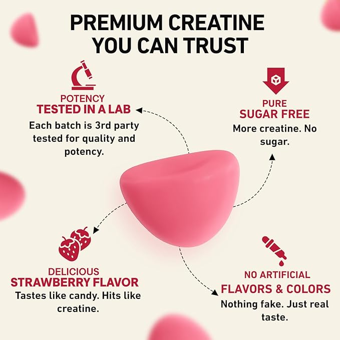 Creatine Monohydrate Gummies Sugar Free 5g - Made in USA - Pre Workout Creatine Chews for Women & Men, Creatine Gummy Candy, Chewable Nutritional Supplements, NSF Certified (Strawberry, 120 Count)