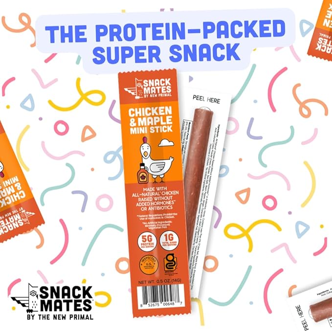 The New Primal Snack Mates Chicken & Maple Sticks, Gluten Free Healthy Snacks for Kids, Low Sugar High Protein Back to School Snacks, Mini Paleo Jerky Meat Stick, 5g Protein, 35 Calories, 0.5 Ounce (Pack of 90)