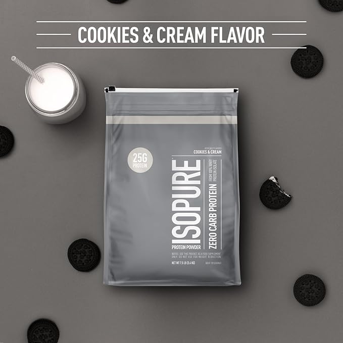 Isopure Zero Carb 100% Pure Whey Isolate Protein Powder, Gluten Free, with Vitamins, Cookies & Cream, 25g Protein Per Serving, 7.5 Lbs, 110 Servings (Packaging May Vary)