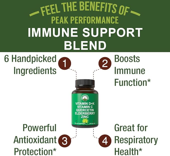Peak Performance Immune Support Supplement - 6 Top Ingredients Vitamin D3 K2, Vitamin C, Elderberry, Zinc, Quercetin - Includes 5000 IU Vitamin D - Immunity Capsules - Supplements for Women and Men