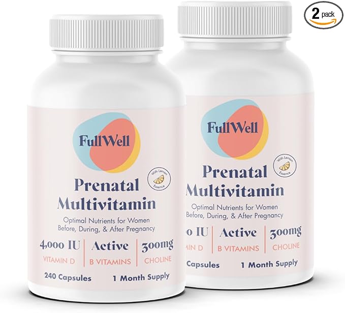 FullWell Women's Prenatal Multivitamin with Lemon Essence - Healthy Pregnancy Support - Contains Choline & Folate - Supports Fetal Growth & Brain Development* - 240 Count (60 Servings, 2 Pk)