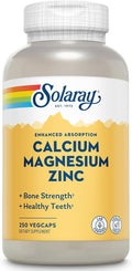 SOLARAY Calcium Magnesium Zinc Supplement - with Calcium 1000mg, Magnesium 500mg - Bone Health, Muscle Function, Heart Health and Immune Support - Vegan, 60 Day Guarantee, 62 Servings, 250 VegCaps