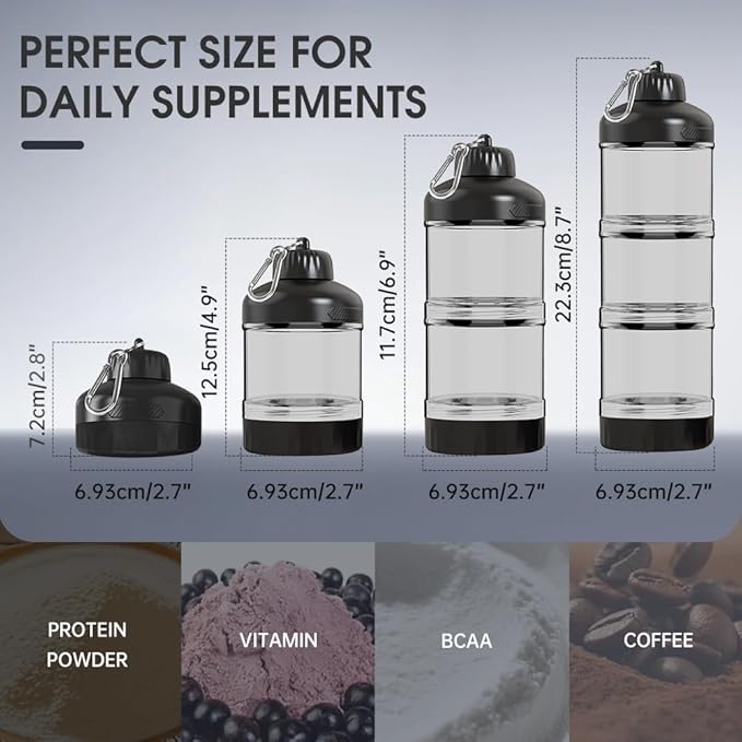 3-Layer Protein Powder Container with Funnel & Keychain, 50g Capacity Portable Supplement Dispenser, Leakproof Clear Stackable Organizer for Gym Travel Workout, BPA-Free Plastic (Black)