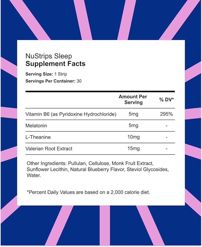 NuStrips™ Fast-Dissolving Sleep Strips with 5mg Melatonin, Valerian Root, L-Theanine & Vitamin B6 – Blueberry Flavor - Natural Sleep Aid, Vegan, Non-GMO, Gluten Free – Fall Asleep Fast (3 Strips)
