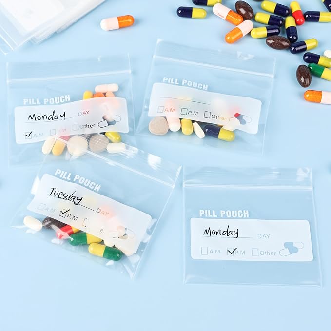 Urekt Pill Pouch Bags for Travel (120 Pack), 6 Mil BPA Free Reusable Pill Bags 3 x 2.75 inch for Medicine with Write on Label Clear Ziplock Seal Waterproof AM PM Pill Baggies for Medicine Organizer
