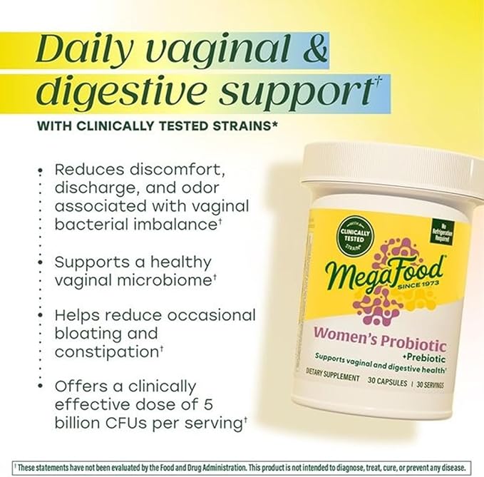 MegaFood Womens Probiotic + Prebiotic - Gluten-Free Prebiotics and Probiotics for Women, Supports Digestive Health & Regularity, Vaginal Probiotics for Healthy pH Levels, Vegetarian - 30 Capsules