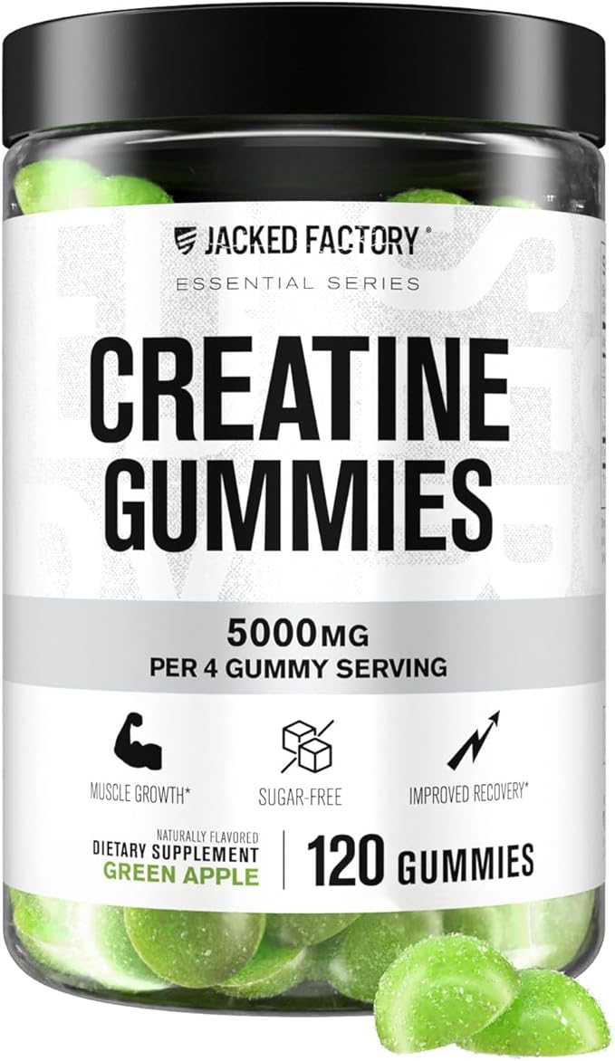 Jacked Factory Sugar Free Creatine Gummies - 5g Daily Dose (1.25g per Gummy) - Creatine Gummy Sugar Free for Men and Women, Vegan-Friendly, Third-Party Tested - 120 Gummies, Green Apple