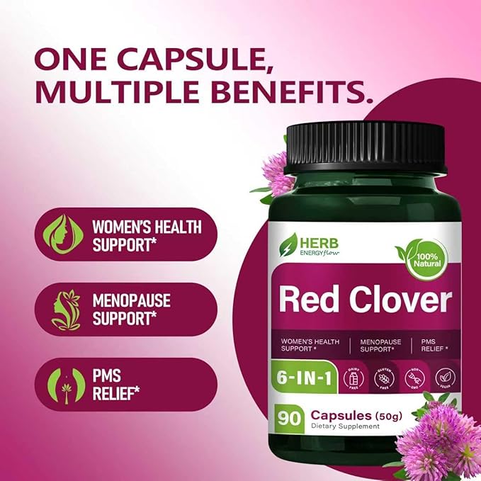 HERBENENERGYflow Red Clover Capsules, 90 Count. Women Health Supplement | Women’s Health Support, Menopause Support & PMS Relief. | Non-GMO, Vegetarian Capsules w/Black Cohosh Dong Quai.
