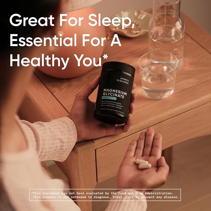 Sports Research® Magnesium Glycinate - Supports Restful Sleep & Enzymatic Processes - 160 mg Chelated Magnesium - Vegan Capsule - 90 Count