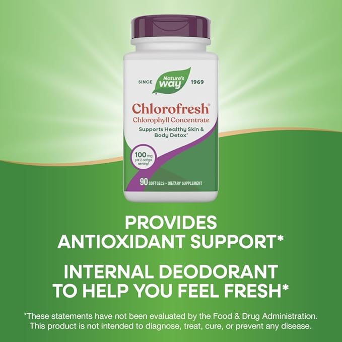 Nature’s Way Chlorofresh Chlorophyll Concentrate Softgels, Chlorophyllin Copper Complex, Internal Deodorant Supplement, Supports Healthy Skin and Detox Pathways*, 90 Softgels (Packaging May Vary)